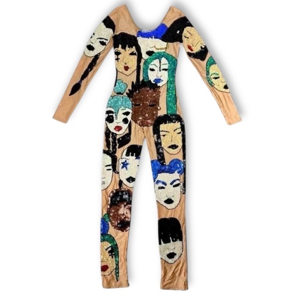 Discount Universe Pants - Discount Universe Sequin Nude Teal Blue Faces Bodysuit Size Small NEW With Tags